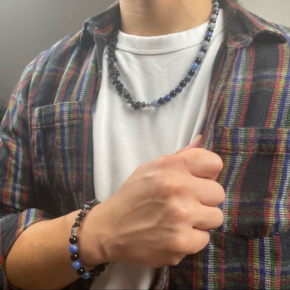 Mens Black Obsidian Blue Aventurine Necklace and Bracelet Beaded Set - Picture 5 of 5